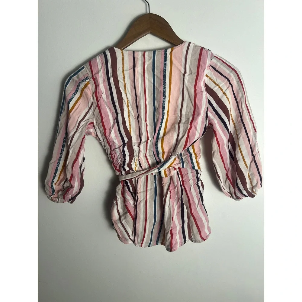 Wm XXS Top Colorful Stripe Rainbow Boho-Chic Blouson Sleeves‎ Tie-Front Festival